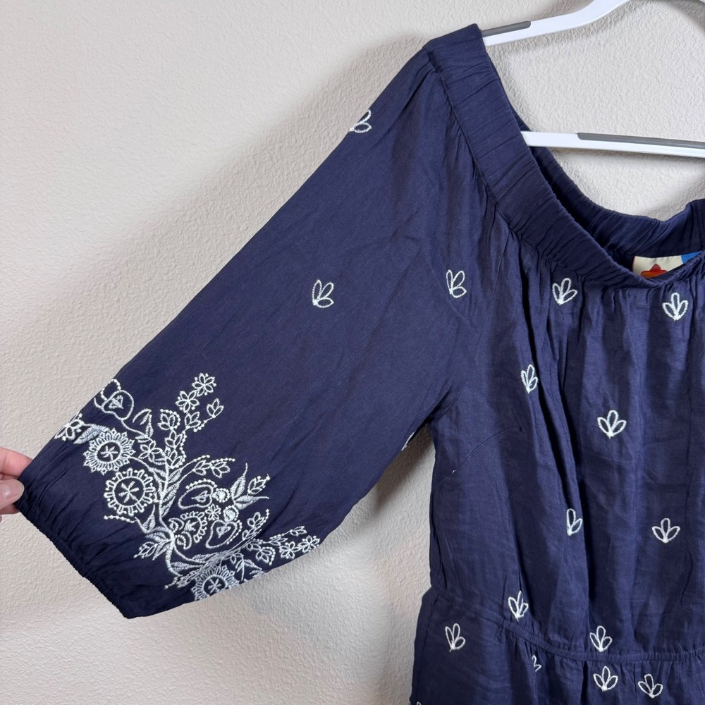 Farm Rio Anthropologie Jackie Navy Linen Pineapple Embroidered Romper Large NWT - Picture 4 of 6